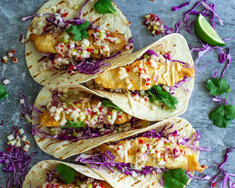 Crispy fish tacos with pear and chilli and lime salsa