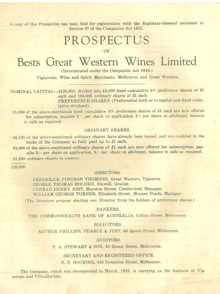 Prospectus of Bests Great Western Wines Limited